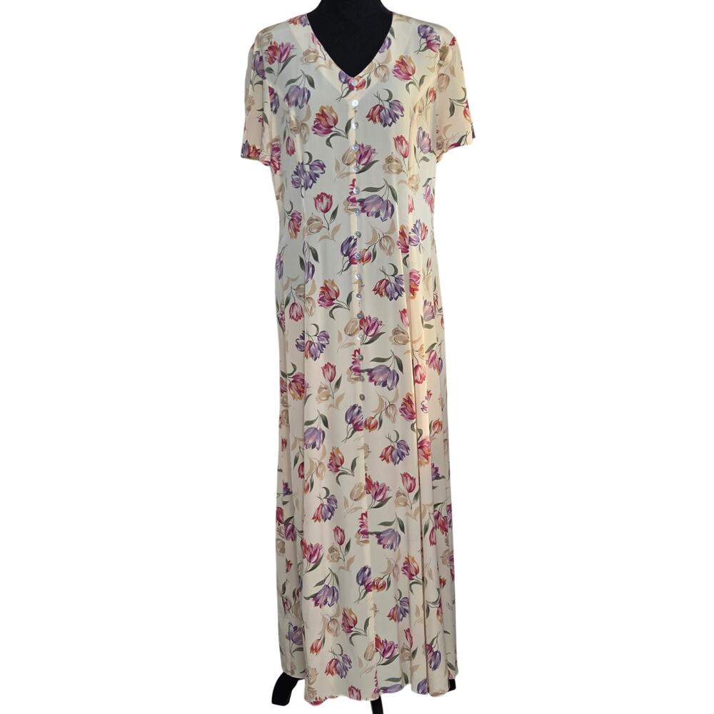 VTG 90s August Silk Floral Pearlescent Button Down Full Length Maxi Dress✨️12